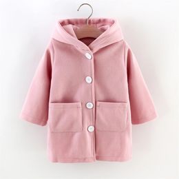 Girls' Woollen Coat 26 Years Old Solid Colour Hooded Single Breasted Versatile Warm Straight Tube 240127