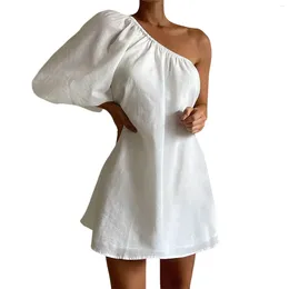 Casual Dresses One Shoulder Puff Sleeve Dress Solid Cotton Linen Slim Waist Short Temperament Formal Occasion Vestidos Para Mujer