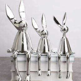 3 Piece Creative Shiny Rabbit Statue Home Decor Modern Nordic Animal Resin Art Sculpture Crafts Desktop Electroplated Ornament 240119