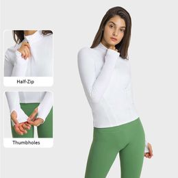 "Women's Half Zip Cropped Sweatshirt - Slim Long Sleeve Yoga Top with Waist Length, Soft and Warm Sports Jacket, Fashionable Stand-up Neck Hoodie Tee for Fitness and Comfort"