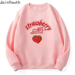 Women's Hoodies Kawaii Strawberry Letter Hoodie Women Clothing Fashion O-neck Casual Y2k Tops 2024 Ropa Mujer Korean Sweet Pink Sweatshirt
