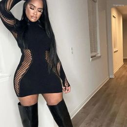 Casual Dresses Sexy Mesh Hollow Out See-through Black Bodycon Dress Women Fall Winter Long Sleeve Turtleneck Sheath Party Nightclub