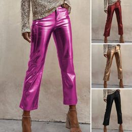 Women's Pants Luxury Women Slim Fit Glossy Faux Leather Pockets Mid Waist Zipper Button Closure Bar Club Party Lady Ninth Trouser