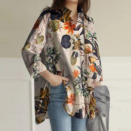 Women's Blouses Flower Leaf Casual Print Long Sleeve Shirt Spring Summer Hong Kong Streetwear Chiffon Colour Block Button Up Tops