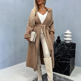 Women's Knits Women Autumn Turn-down Collar Knitted Sweater Fashion Solid Rib Long Top Cardigan Winter Sleeve Tie-up Belted Jacket Jumper