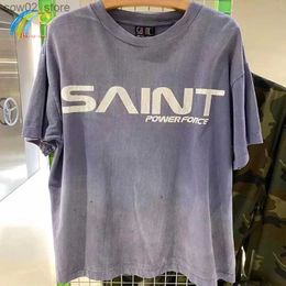 Men's T-Shirts 24SS Vintage Washed Greyish Blue Classic Print Saint Michael T Shirt Men Women 1 1 Tags Oversized Tee Casual T-Shirt Q240201