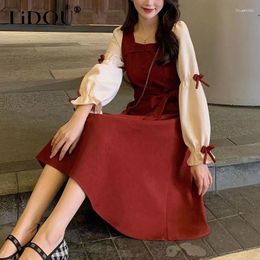 Casual Dresses Spring Autumn Women's Square Collar Sweet Patchwork Waist Dress Ladies Elegant Fashion Lace Up Robe Female Preppy Style