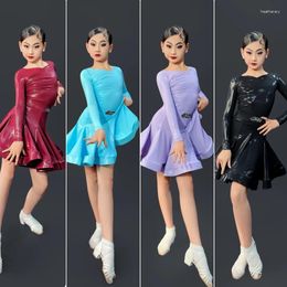 Stage Wear Fashion Latin Dance Dresses Girls Long Sleeved Leather Performance Dress Kids Ballroom Costumes DWY9750