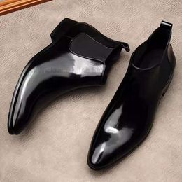 High Quality Men's Genuine Leather Black Slip on Pointed Tip Brogue Male Dress Shoes Wedding Boots Men Zipper