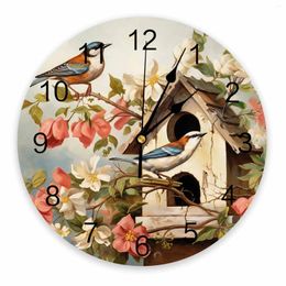 Wall Clocks Spring Retro Bird House Flower Printed Clock Modern Silent Living Room Home Decor Hanging Watch