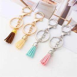 Keychains Fashion PU Leather Tassel Keychain Gold Sliver Color Round Pompom Cute Bag Pendents Car Key Ring Fringe Jewelry Gift