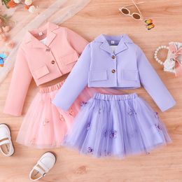 Clothing Sets FOCUSNORM 3-7Y Fashion Kids Girls Clothes 3pcs Long Sleeve Button Coat Sleeveless Camisole Butterfly Print Tulle Skirt