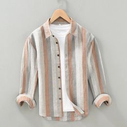 2091 Yarn Dyed 100% Linen Mens Striped Patchwork Shirts Fashion Business Casual Long Sleeve Simple Classical Vintage Blouse Top 240201