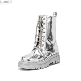 Boots 2023 European and American Silver Metal Buckle Side Zipper Full Diamond Lace Mid Sleeve Fashion Punk Neutral Winter Boots