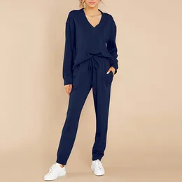 Women's Two Piece Pants Solid Colour Casual Women Outsuit 2 Sets Long Sleeve V Neck Sweatshirt High Waist Sportwear Jogging Trousers