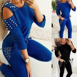 Women's Two Piece Pants Beading Tracksuit Women Set Autumn Clothes Cold Shoulder Long Sleeve Top Jogging Suit Female Lounge Wear Outfits