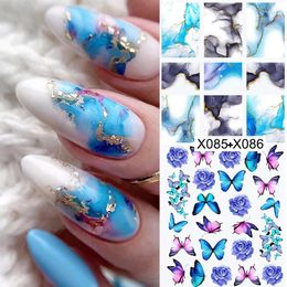 Nail Stickers 2Pcs/Set Butterfly Watercolour Decals Ink Blooming Marble Art Sliders Charms Flowers Decorations Foils