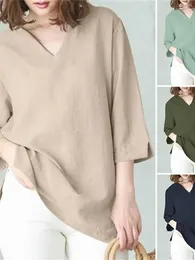 Women's Blouses Style Top Solid Colour V-neck Loose Seven Sleeve Split Fashion Cotton Linen Shirt