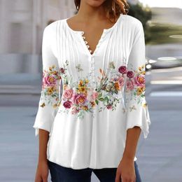 Women's Blouses T-shirt For Women Spring Autumn Long Sleeve Floral Print V-neck Button Folds Fashion Elegant Casual Commute Female