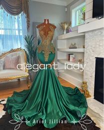 Emerald Green Gold Trumpet Evening Reception Dresses for Women Sparkly Crystal Beaded Prom Ceremony Birthday Gown Black Girl