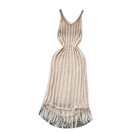 Casual Dresses 2024 Summer Women Sexy Strap Dress High Quality Fashion Tassel Hem Vertical Rib Frayed Hollow Out Knitted Long