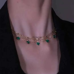 Chokers YOUNGX Vintage Emerald Zircon Heart Necklace Luxury Layered Real Gold Plated Red Green Crystal Choker For Women Jewelry Gift YQ240201