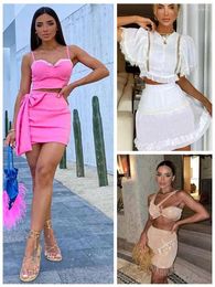 Work Dresses Two Pieces Solid Short For Women 2024 Summer Sexy Crop Tops And Mini Skirts Suit High Waist Club Party Bodycon Vestido
