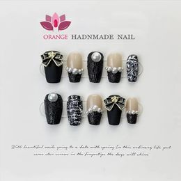 Handmade Fake Nails Medium Length Matte Rhinestone Press on Nails y2k Full Cover Coffin Manicuree Wearable XS S M L Size Nails 240201