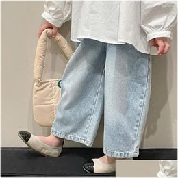 Trousers 2024 Wide Leg Pants Jeans Elastic Waist Ankle Length Loose Straight Cotton Clean Solid Soft Comfortable Korean Children Gir Dhy4N