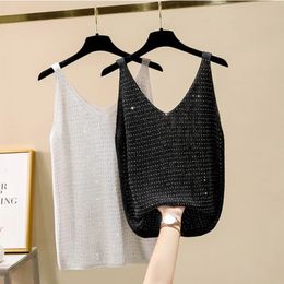 Large Plus Size L-4XL Women High Elastic Knitted Vest Tops Summer Sequin Sweater Sexy Tanks Camis Female Fashion Big Clothing 240130