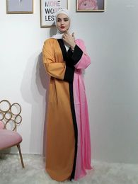 Ethnic Clothing Muslim Women Abayas Fashion Contrast Color Open Kimono With Sashes Jalabiya Long Sleeve Dress For Female Saudi Party Outfits