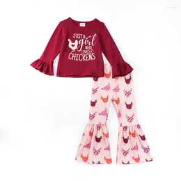 Clothing Sets Girlymax Fall Baby Girls Kids Clothes Wine Love Chickens Farm Milk Silk Bell-bottoms Flare Pants Ruffles T-shirt Set