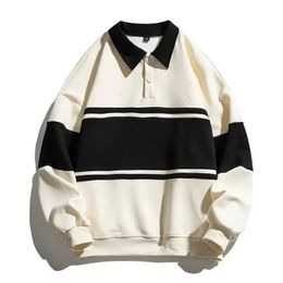 American Winter Vintage Stripe Polo Collar Warm Hoodie Fashion Y2K Korean Street Personality Couple Simple Sports Hoodie 240122