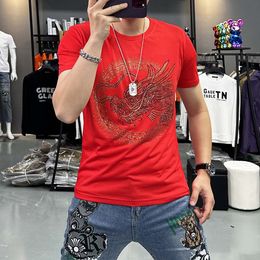 New Dragon Year T-shirt Men's Summer Hot Diamond Heavy Craft Short sleeved Top Fashion Trend Mercerized Cotton Clothing 7XL