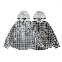 Men's Casual Shirts Youth College Men Loose Long Sleeve Hooded Plaid Women's Streetwear Oversized Shirt Jacket Cityboy Coat