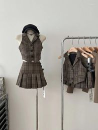 Work Dresses Formal Occasion Plaid Outfits 3 Piece Set Vest Brown High Waist Skirts Coquette V-Neck Business Suit Jacket Autumn Winter