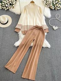 Women's Two Piece Pants Knitted Loose Long Sleeve Elegance Striped Tops Elastic Sweaterpants Women Sweater Pant Set Casual Pullovers Suits