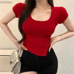 Women's T-Shirt Summer Korean Fashion Y2K T-shirt Woman JapaneseCrop Top U-neck Split Sexy Red Pink White Tee Shirt Women Vintage Clothes L240201