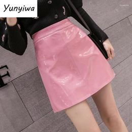 Skirts Fashion Y2K Aesthetic Latex Skirt Women 2024 Autumn Winter Mini PU Leather High Waist A-Line Black Blue Pink Red