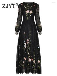 Casual Dresses ZJYT Runway Floral Embroidery Maxi Lace For Women Black Elegant Party Evening Gown 2024 Long Sleeve Sexy Vestidos Fiesta