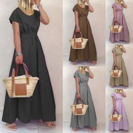 Organic Cotton and Polyester Blend Solid Colour Maxi Dress with Wide Waistband in European and American Style AST282387