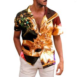 Men's Casual Shirts 2024 Carnival Fashion Mardi Gras Gold Festival 3d Print Short Sleeve Lapel Button Blouse Leisure Camisa