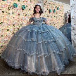 Işıltılı quinceanera elbiseler 2024 resmi lüks parti boncuk kristal dantel tull katmanlı tatlı 15 elbise mezuniyet topu gwon balo elbisesi