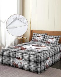 Bed Skirt Black And White Grid Coffee Beans Elastic Fitted Bedspread With Pillowcases Mattress Cover Bedding Set Sheet