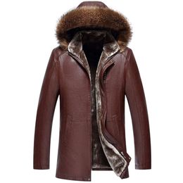 Middle Aged Mens Raccoon Fur Collar Medium Long Thickened Leather Coat Designer GNA5