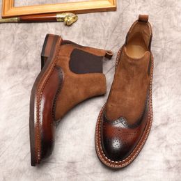 Black Brown Ankle Man Genuine Cow Leather Platform Dress Slip on Round Toe Shoes Handmade Low Boots Men