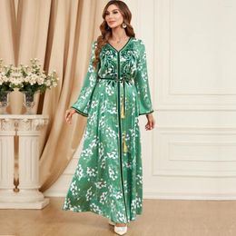 Ethnic Clothing Floral Embroidered Arabic Islamic Dress Evening Party Belted Ramadan Galabiyat Abaya Robe Femme Musulmane Marocain Gown