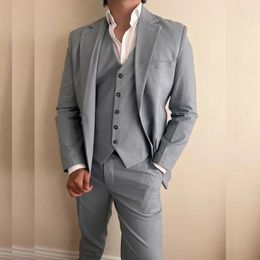 Men's Suits Male Clothing Grey Notch Lapel Single Breasted Regular Length Chic 2 Piece Jacket Pants Slim Fit Daily Business Blazer Costume