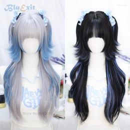 Party Supplies Gradient Black Grey Blue Wig Chic Girls Cosplay Hair 60cm Long Mullet Wavy Lolita Gothic Harajuku Cute Bangs Halloween