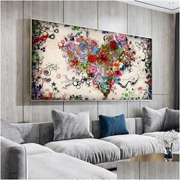Paintings Ddhh Wall Art Picture Canvas Print Love Painting Abstract Colorf Heart Flowers Posters Prints For Living Room Home No Drop Dhx7W